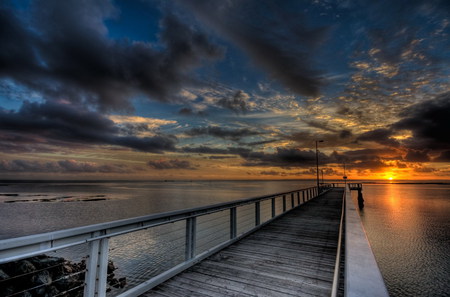 Sunset Walk - clouds, sunset, water, red, ocean, sky, pier