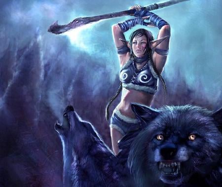 Beastmaster - winter, woman, wolves, master