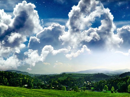 Sky - nature, sky, clouds, green, field