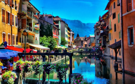 A colourful day - shutters, summer, town, spring, flowers, balconies, canal, houses, france, annecy