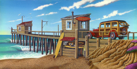 Let's Go Surfing Now! - beach, surfshop, surfboard, woody, wharf