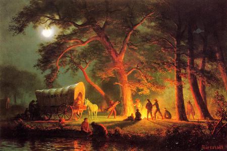 Making Camp - moon, trees, wagon, men, rest, night, water, fire