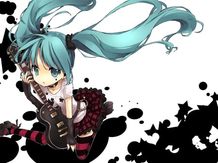 Hatsune Miku - pretty, anime, vocaloid, blue, twintail, hatsune miku, stars, lolita, guitar, red, blue hair, blue eyes, skirt, beautiful, thighhighs, beauty, black, white, miku, cute, hatsune, black guitar, vocaloids