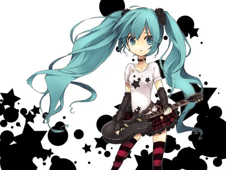 Hatsune Miku - pretty, anime, vocaloid, twintail, striped, hatsune miku, stars, guitar, red, blue hair, blue eyes, skirt, beautiful, thighhighs, beauty, black, white, miku, cute, hatsune, black guitar, vocaloids