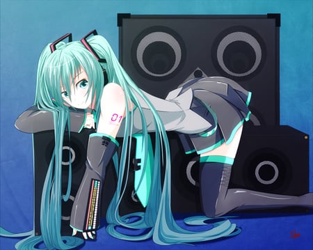 Hatsune Miku - beauty, hot, thighhighs, twintail, black, bass, pretty, idol, anime, miku, cute, hatsune miku, sexy, skirt, blue eyes, hatsune, vocaloids, blue hair, vocaloid, blue, beautiful, tie