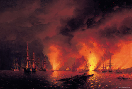 Battle Night - sadness, explosion, war, ocean, orange, fire, red, ships, sky