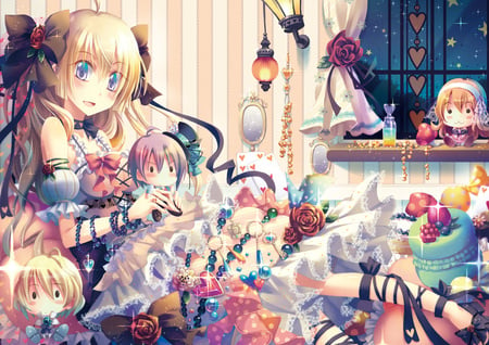 dress-lolita_fashion-yamadori_yoshitomo - house, anime, anime girl, female, heart, hot, dress, girl, room, love, flower, jewel, toy, jewelry, cute, sexy