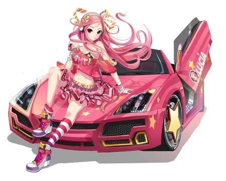 lucia-pangya - anime, anime girl, female, hot, girl, pink, white, car, sexy