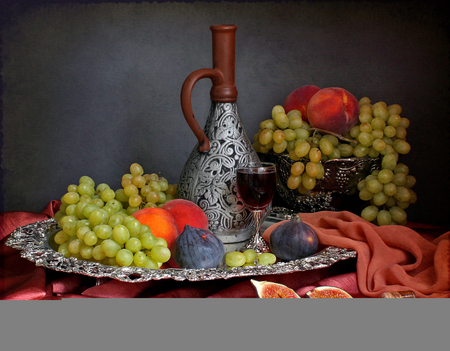 still life - figs, peaches, nice harmony, glass, photography, wine, still life, silver, cool, beautiful, grapes, photo