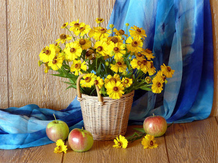 still life - yellow, blue, beautiful, photography, photo, cool, flower, still life, bouquet, harmony, flowers, basket, fruit, nice, apple