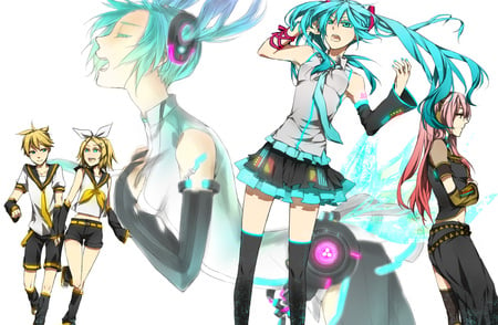 Vocaloids - anime, vocaloid, yellow, blue, twintail, hatsune miku, kagamine len, pink, append 01, luka, rin, kagamine rin, blue hair, yellow hair, pink hair, len, blue eyes, skirt, miku append, kagamine, megurine, thighhighs, black, miku, megurine luka, hatsune, vocaloids