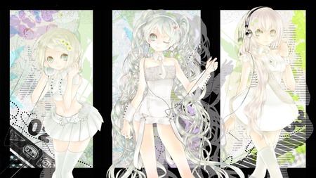 Hatsune Miku, Kagamine Rin, & Megurine Luka - nice, beauty, headset, thighhighs, twintail, black, white, rin, pretty, cool, kagamine, megurine luka, anime, miku, megurine, cute, luka, hatsune miku, skirt, kagamine rin, hatsune, vocaloids, headphones, vocaloid, beautiful, awesome, dress