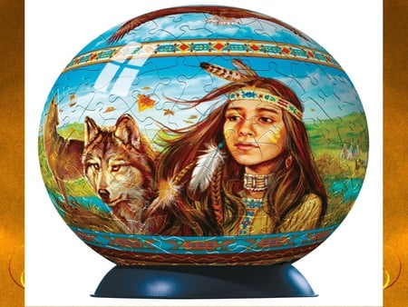 Indian with Wolf - folklore, native, ball, wolf, indian, nature, puzzle, america, animals