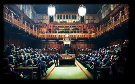 Banksy, Monkey Parliament - parliament, politics, banksy, graffiti, art, monkey, street art