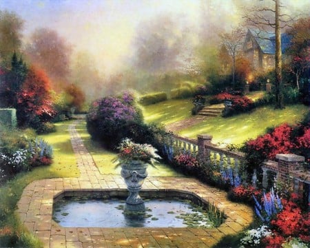 Fantasy Garden - nature, fountain, garden, fantasy, flower