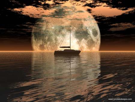 Boat journey towards the day - moon, abstract, cg, 3d