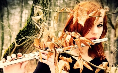 autumn flute - woman, season, beutiful, flute, artist, hot, song, s, fult, new