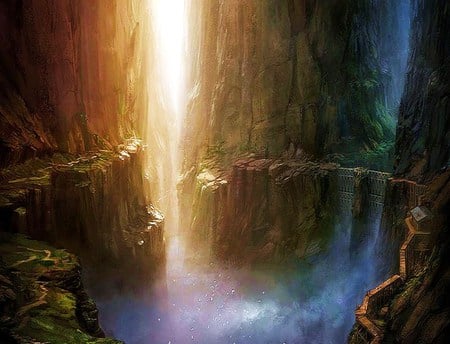 Deep in the mountain - waterfall, blue water, green, rock, light, gorge, mountain