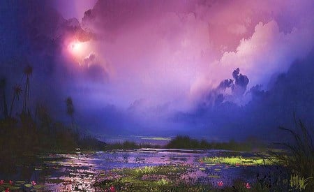 Hidden valley - flowers, clouds, sunlight, river, trees, mist, grass, valley