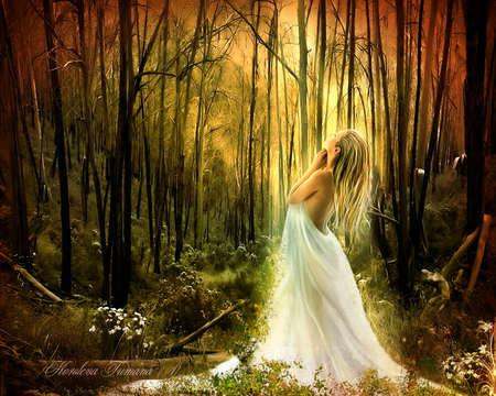 Girl in the Autumn Forest - autumn, girl, forest, golden, drawing, fantasy