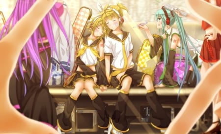 Vocaloids - sleeping, heart, headset, hearts, yellow, camera, cool, kagamine, hatsune miku, kagamine rin, funny, vocaloids, bow, vocaloid, beautiful, pink, nice, beauty, black, pretty, megurine luka, anime, miku, megurine, cute, luka, fingers, meiko, baggage, hatsune, headphones, blue, tie, awesome, kagamine len