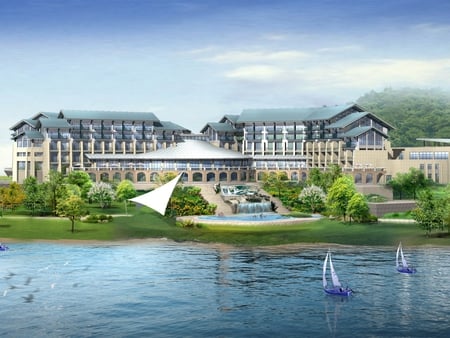 Rich Resort - lake, abstract, buildings, 3d