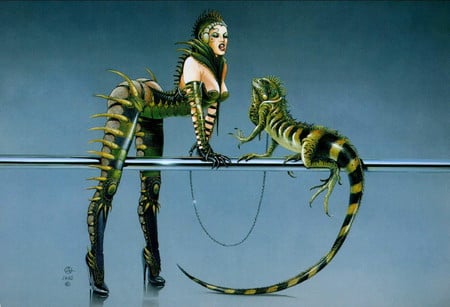 Two of a kind - fantasy, animal, woman, green, lizard, sexy