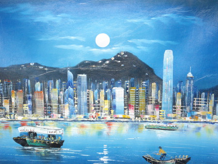 city life - moon, man, color, buildings, sea, boat