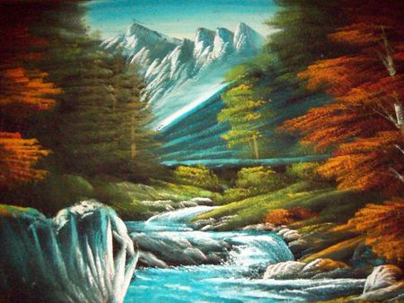 River View - stream, trees, mountains, rocks