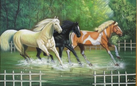 Glory To Be Free - magnificent, horses, trees, water, greenery, frolicking, fencing