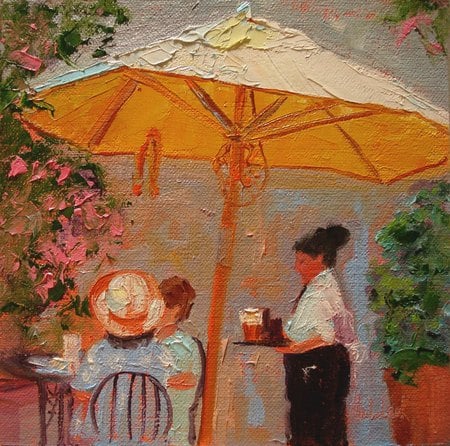 What's Good Here? - flowers, umbrella, cafe, customers, waitress, outside