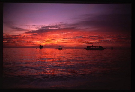 Bombay Sunset - boats, sunset, water, reds, purple, beach, fishermen, sky