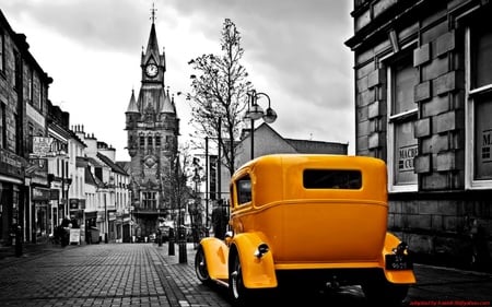 yellow car - landscape, tower, yellow, car