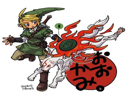 okami zelda cross over - cross over, okami, videogame, link, zelda, nintendo, video game