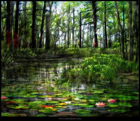 Lillies of the lake - trees, water, green, blue sky, lillies, forest, lilly pads, pink