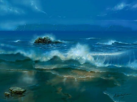 Beach melody - beach, misty blue sky, mountains, waves, rocks