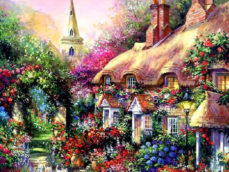 Country Village - trees, blossoms, steeple, roofs, windows, church, village, flowers, chimneys, painting, arch, cats, art