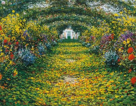 Monet's Garden Giverny - flowers, house, vines, garden, painting, monet, trellis