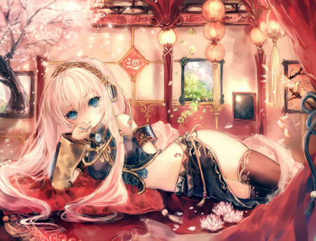 Megurine Luka - hot, headset, black, pretty, lanterns, megurine luka, petals, anime, megurine, cute, luka, sexy, blue eyes, pink hair, vocaloids, vocaloid, beautiful, headphones, pink, flowers