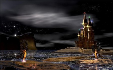 FAIRYTALE CASTLE - sky, stars, clouds, castle, night, water, fairies