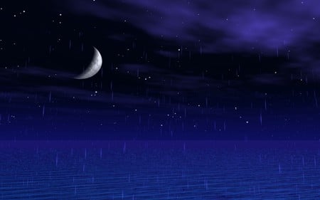 BLUE RAIN - moon, sky, ocean, stars, clouds, rain, blue