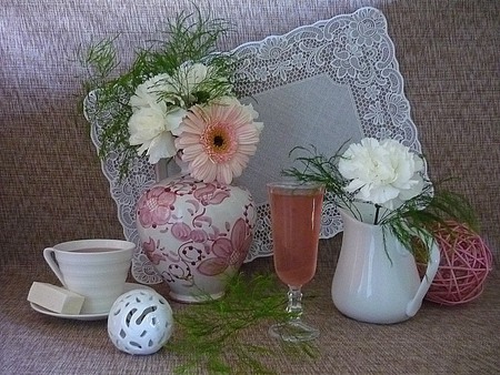 still life - cups, photo, gentle, flowers, nice harmony, gerbera, carnation, vase, beautiful, coffee, photography, tea, cool, still life, flower, bouquet, drink