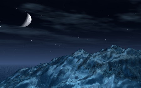 CRYSTAL NIGHT - moon, crystal, sky, stars, clouds, night, mountains