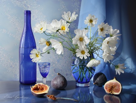 still life - nice, photography, bouquet, still life, fruit, cup, vase, white, fig, cool, blue, beautiful, flowers, photo, flower, harmony