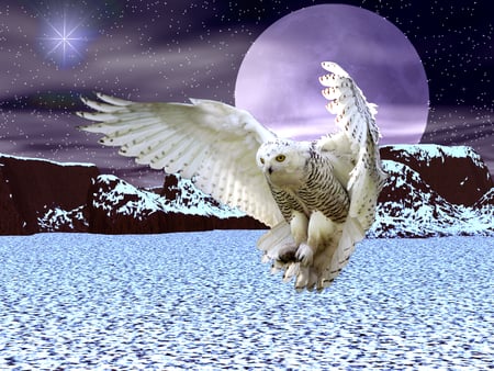 SNOWY OWL - moon, stars, sky, mountains, purple, clouds, flight, owl, snowy