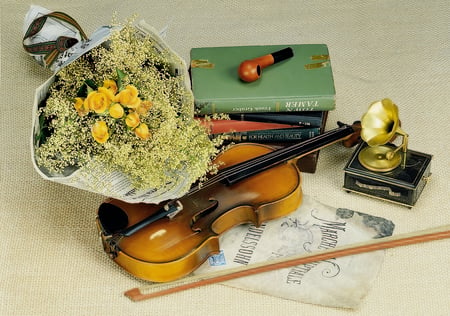 Just Music - pretty, roses, yellow, book, books, flowers, music, beautiful, violin, photography, beauty, lovely, still life, bouquet, yellow roses, nature, newspaper, rose, pipe