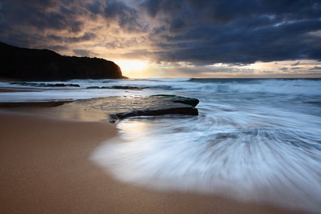 Solitude - water, beach, sea, ocean, sand, solitude, rocks, sky