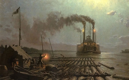 Moonlight Encounter - ship, evening, worker, light, steam, logs, guiding, sunset, hut, raft