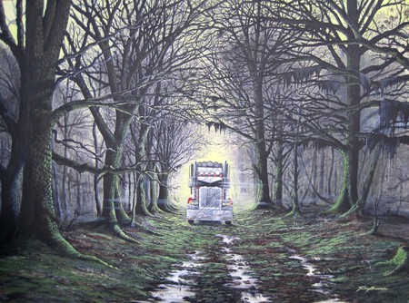 Misty Morning - truck, path, pretty, trees, foggy, crisp, woods