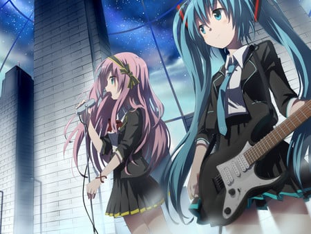 Hatsune Miku & Megurine Luka - pretty, tie, singing, anime, vocaloid, blue, twintail, hatsune miku, microphone, luka, guitar, headphones, blue hair, pink hair, sky, blue eyes, clouds, skirt, megurine, thighhighs, cool, buildings, black, miku, awesome, megurine luka, cute, hatsune, headset, vocaloids